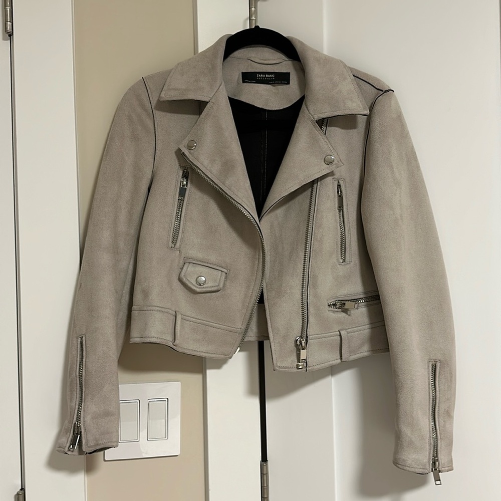 Light Grey Faux Suede Moto Jacket with Silver Hardware